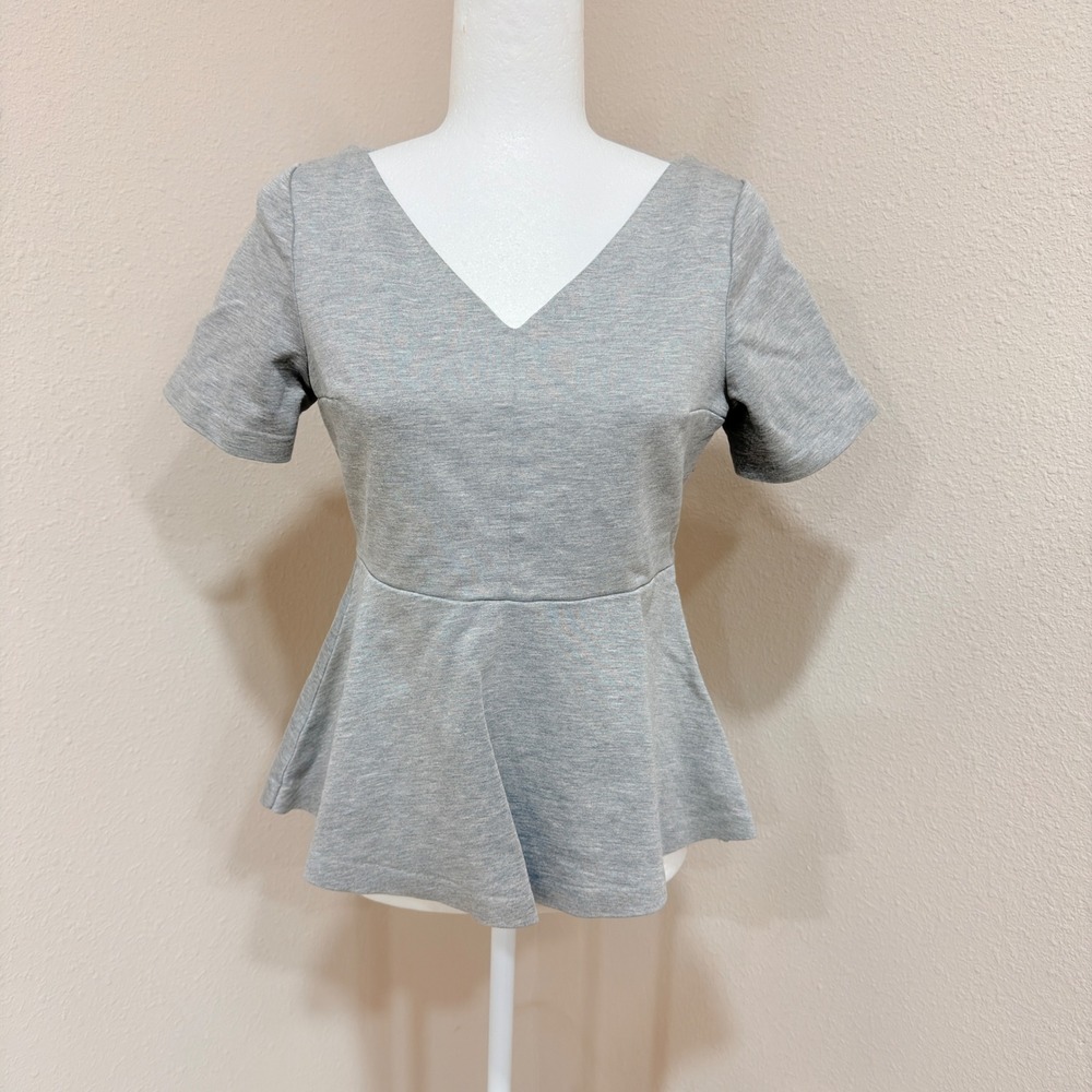 COS Peplum Top Small Gray V-Neck Short Sleeve Minimalist Quiet Luxury Top